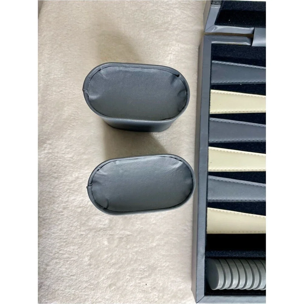 Cardinal Backgammon Game Vintage Faux Leather Travel Case Complete Gray Ivory
